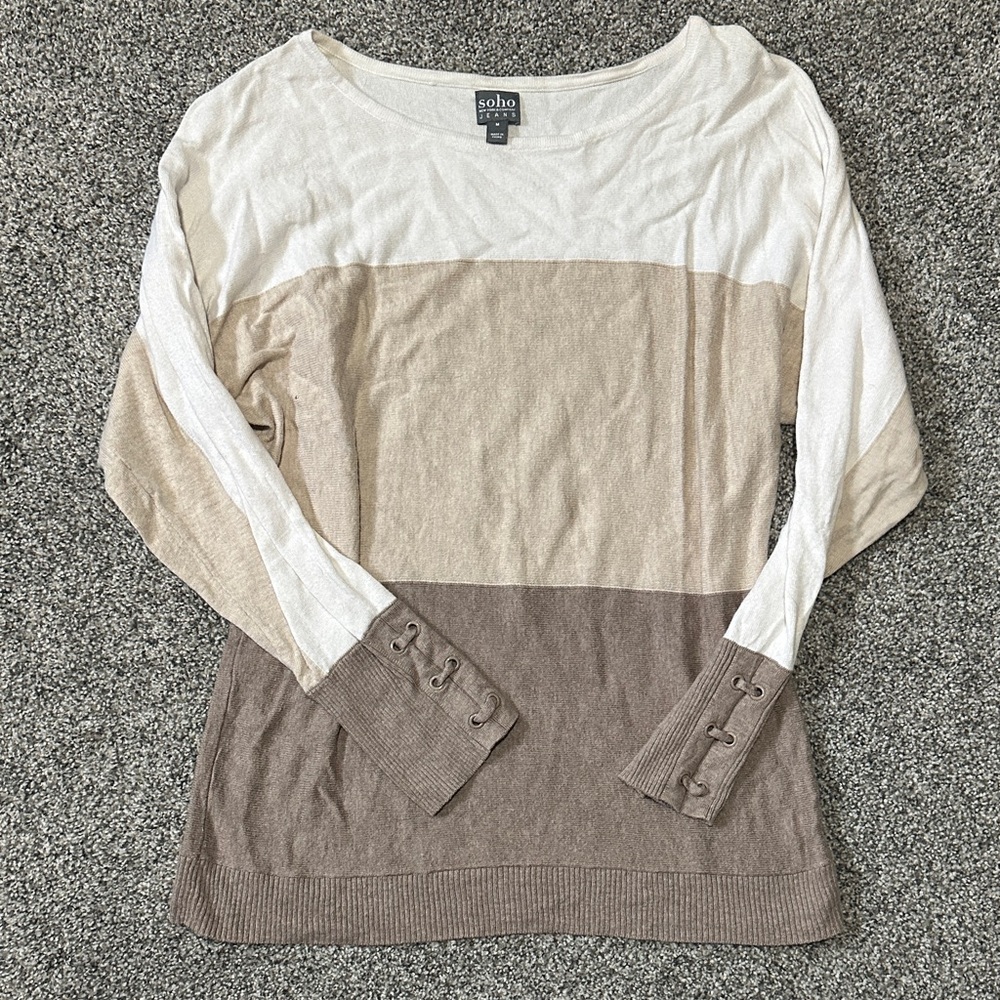 Soho Apparel Women's Long Sleeve Color Block Top - Cream and Brown